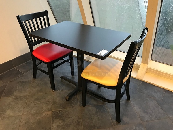  Falcon Black rectangle Dining Table w/ Two Jasper Group Wooden Dining Chairs w/ Vinyl Padded Seats - Image 1 of 2