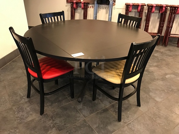 Falcon Black Round Drop Leaf Dining Table w/ Four Jasper Group Wooden Dining Chairs w/ Vinyl Padded Seats
