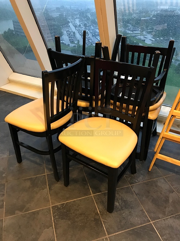 6 Jasper Group Wooden Dining Chairs w/ Yellow Vinyl Padded Seats - Image 1 of 2