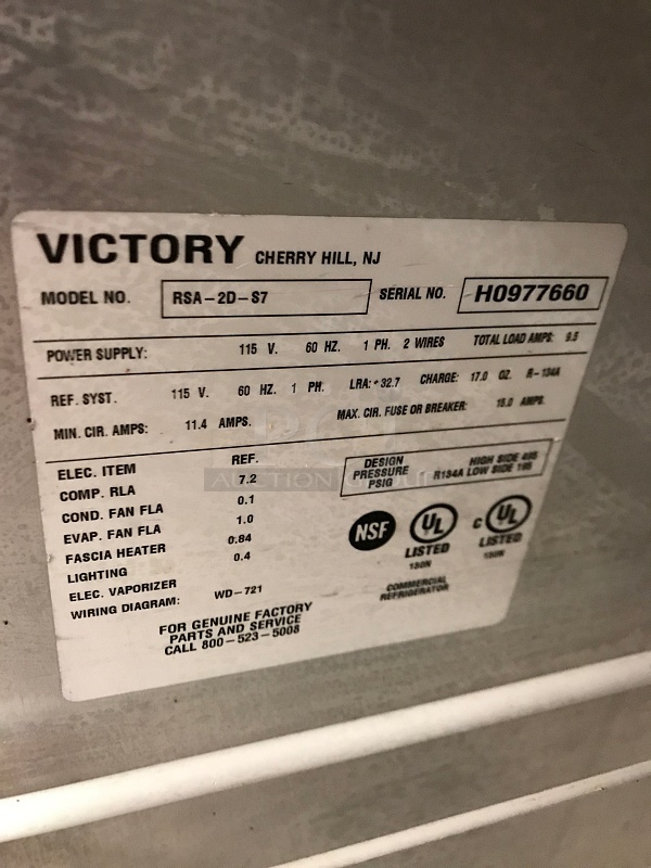 Victory RSA-2DS7 Double Door Stainless Steel Reach In Refrigerator, 115V 1Ph, Tested & Working! - Image 5 of 5