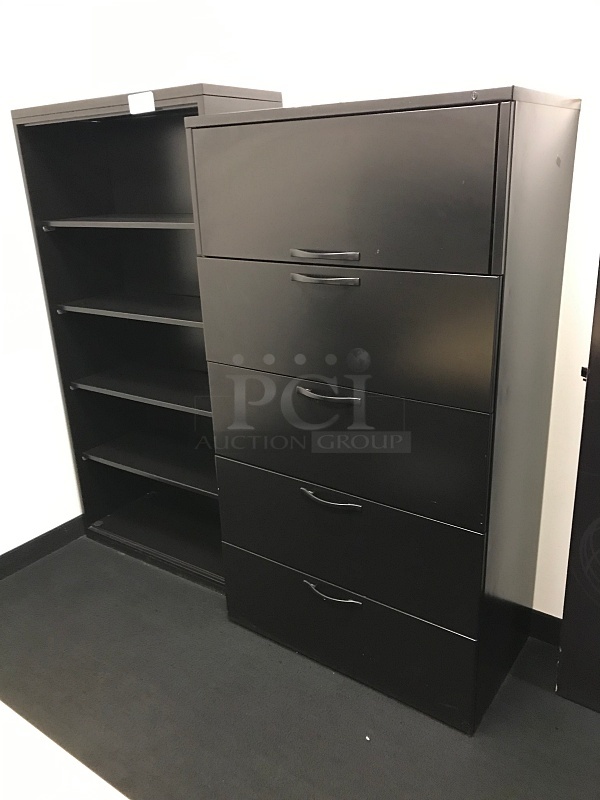 Black Metal Book Shelf And Filing Cabinet  - Image 1 of 2