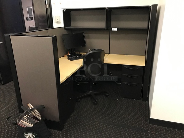 Herman Miller Corner Desk w/ Overhead Storage, Cubicle Partition Panels & Task Chair - Image 1 of 4