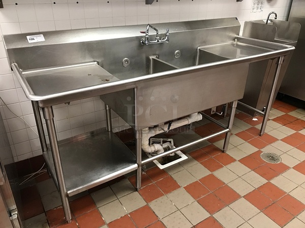 Two Compartment Stainless Steel Sink w/ Left & Right Drain Boards, Knee Drain Valves & Left Hand Undercounter Shelf