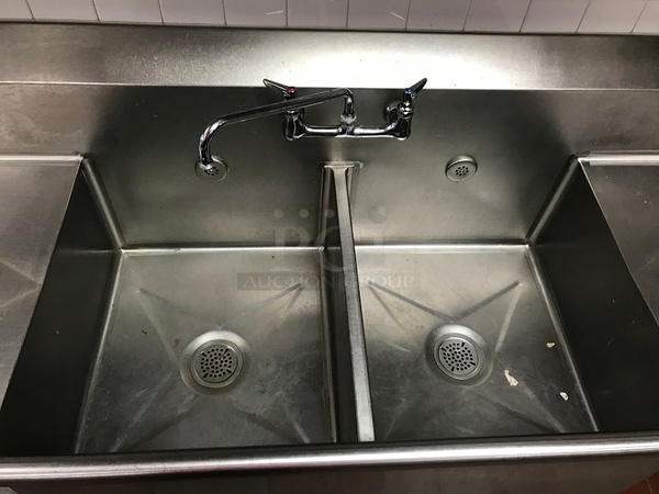 Two Compartment Stainless Steel Sink w/ Left & Right Drain Boards, Knee Drain Valves & Left Hand Undercounter Shelf - Image 2 of 3