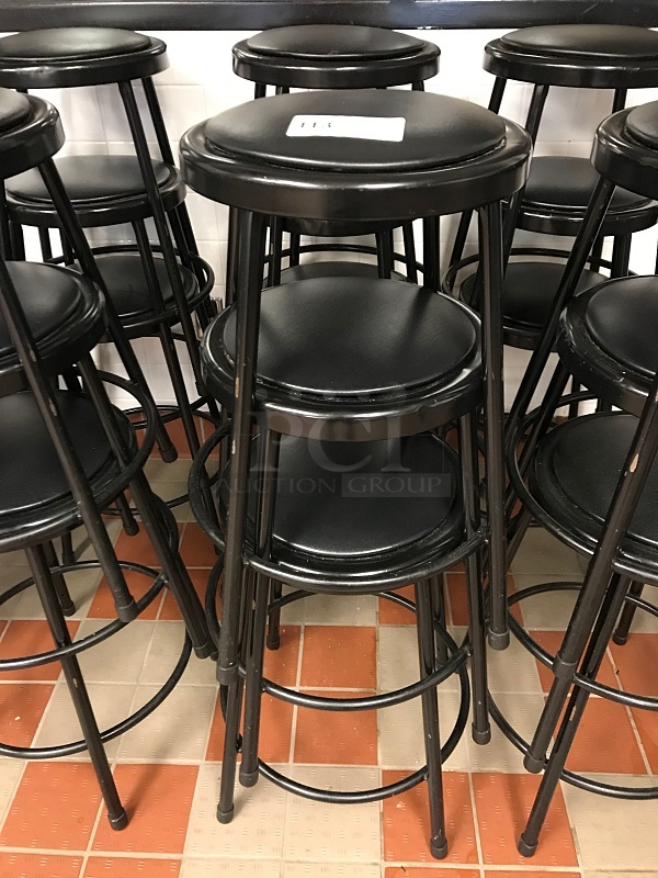 Six Stackable Black Metal Stools w/ Padded Seat  - Image 1 of 1