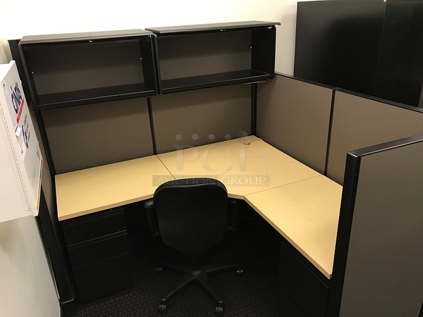 Herman Miller Corner Desk w/ Overhead Storage, Cubicle Partition Panels & Task Chair
