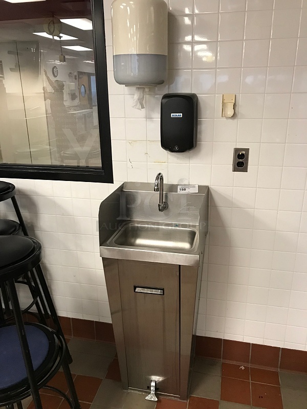 Advance Tabco Stainless Steel Pedestal Hand Sink w/ Foot Controls w/ Tork Pull Hand Towel Dispenser & Ecolab Automatic Hand Soap Dispenser