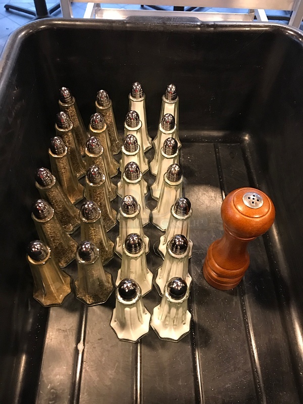 Glass Salt & Pepper Shakers & Wooden Pepper Grinder - Image 1 of 1