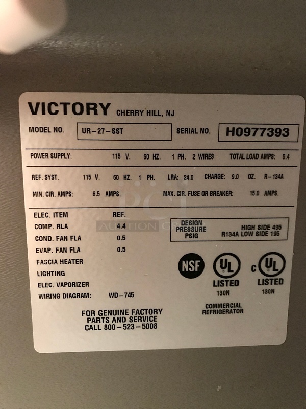 Victory UR-27-SST 27" Value Line Undercounter Refrigerator, 115v 1ph - Image 3 of 3