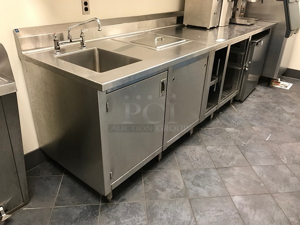 Stainless Steel Work Table w/ Single Compartment Sink, Ice Well, Backsplash & Under Counter Storage