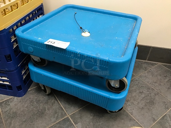 Two Blue Plastic Dish Carts on Casters