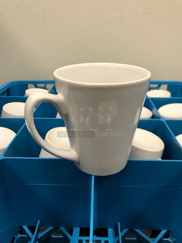 Two Dish Racks of White Porcelain Coffee Mugs
