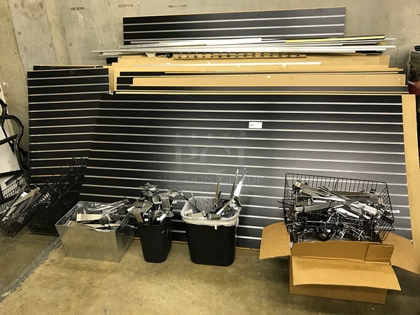 Slat Wall Paneling, 25 8' x 4' Panels, Includes Assorted Hangers & Shelving - Image 1 of 5