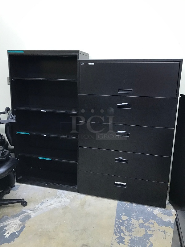 Black Metal Bookshelf & Five Drawer Lateral Filing Cabinet