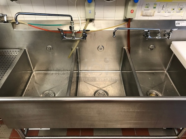 14.5' Stainless Steel 3 Compartment Sink w/ Knee Valves & Under Storage - Image 2 of 5