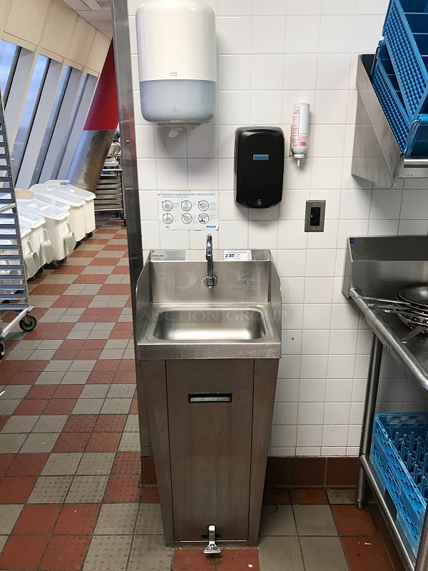 Advance Tabco Stainless Steel Pedestal Hand Sink w/ Foot Controls w/ Tork Pull Hand Towel Dispenser & Ecolab Automatic Hand Soap Dispenser  - Image 1 of 3
