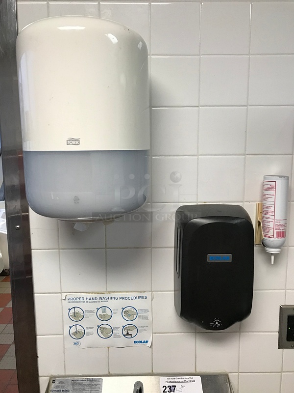 Advance Tabco Stainless Steel Pedestal Hand Sink w/ Foot Controls w/ Tork Pull Hand Towel Dispenser & Ecolab Automatic Hand Soap Dispenser  - Image 3 of 3