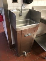 Advance Tabco Stainless Steel Pedestal Hand Sink w/ Foot Controls w/ Tork Pull Hand Towel Dispenser & Ecolab Automatic Hand Soap Dispenser 
