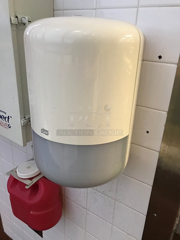 Advance Tabco Stainless Steel Pedestal Hand Sink w/ Foot Controls w/ Tork Pull Hand Towel Dispenser & Ecolab Automatic Hand Soap Dispenser  - Image 4 of 4