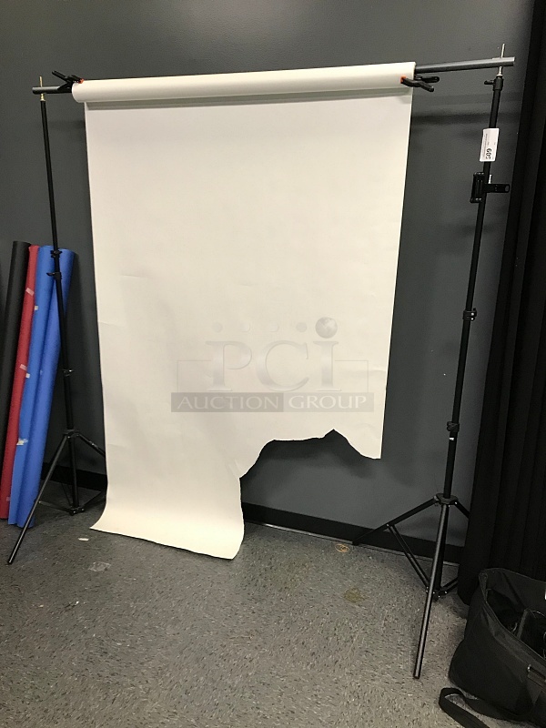 Impact Background Paper Roll Set, Two Tripod Stands, Cross Bar & White Paper Roll - Image 1 of 2