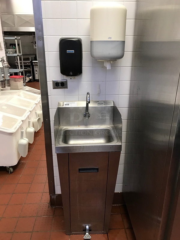 Advance Tabco Stainless Steel Pedestal Hand Sink w/ Foot Controls w/ Tork Pull Hand Towel Dispenser & Ecolab Automatic Hand Soap Dispenser 