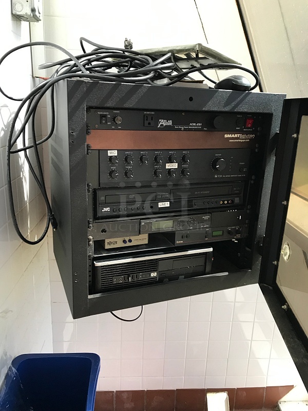 Wall Mounted AV Rack w/ Atlas Power Distribution Unit, TOA 700 Series Amplifier, JVC DVD / Vhs Player, Audio Reciever, Video Splitter & HP Desktop Computer