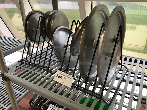 Assorted Saucepan & Stock Pot Stainless Steel Lids on Drying Rack