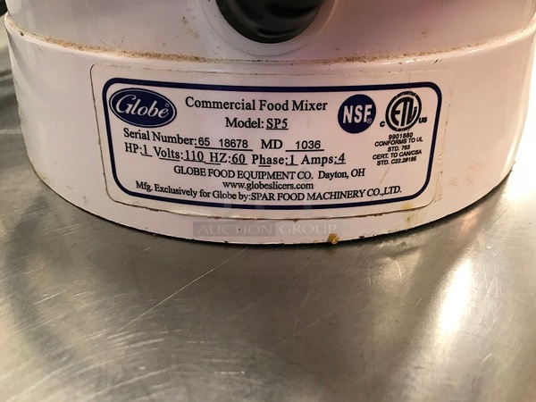Globe SP5 Aluminum Gear Driven 5 Qt Commercial Countertop Mixer, Includes Attachments, 115v 1ph, Tested & Working! (See Video) - Image 3 of 3