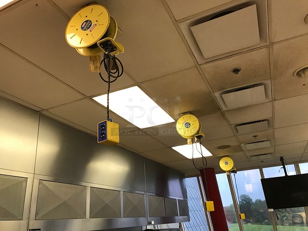 Three Ceiling Mounted Ericson 40' Power Reels Retractable Power Cord Extension Cord - Image 1 of 2