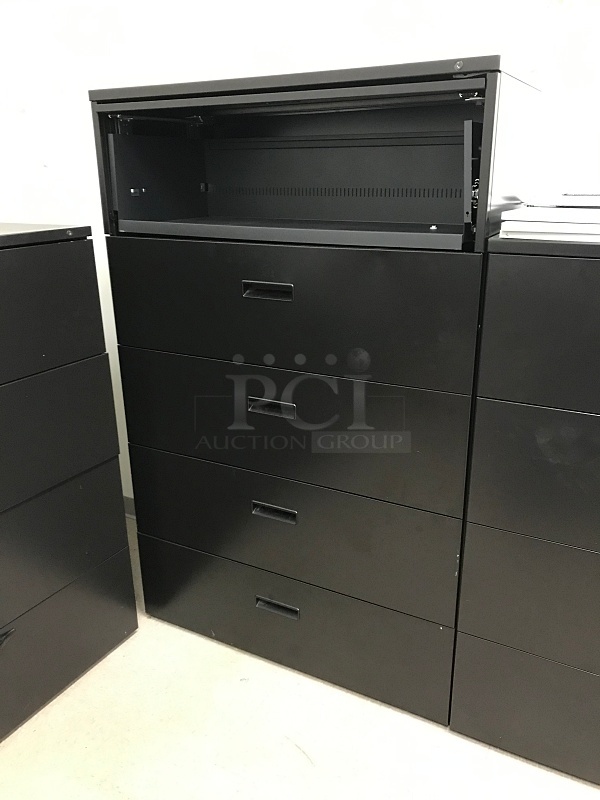 Four Drawer Black Metal Lateral Filing Cabinet w/ Top Storage Shelf