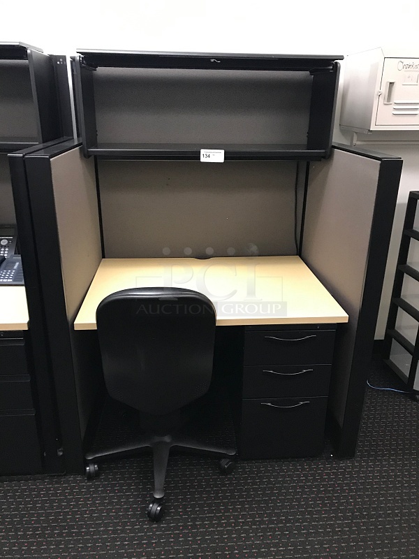 Single Herman Miller Desk w/ Overhead Storage, Cubicle Partition Panels & Task Chair