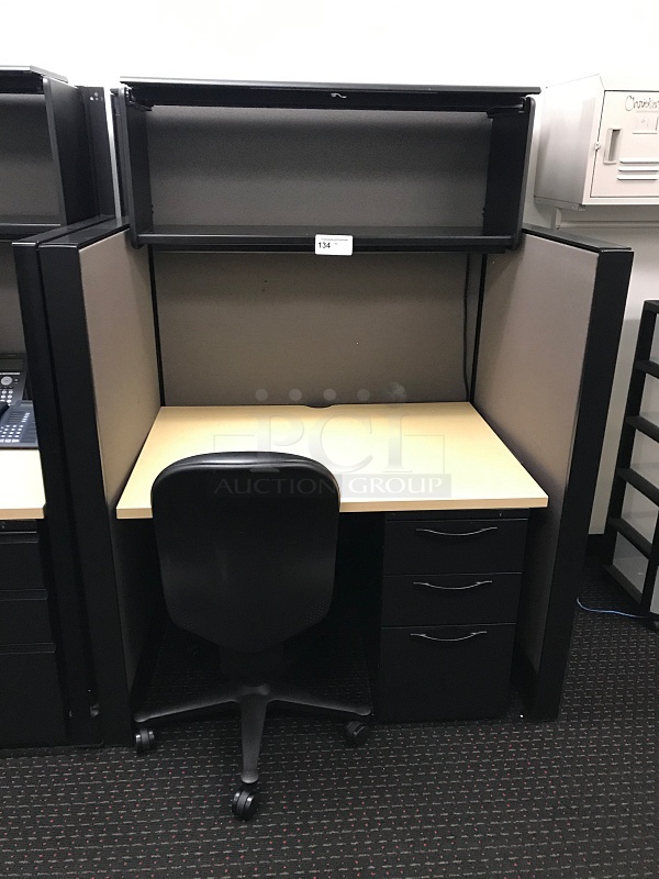 Single Herman Miller Desk w/ Overhead Storage, Cubicle Partition Panels & Task Chair - Image 1 of 3