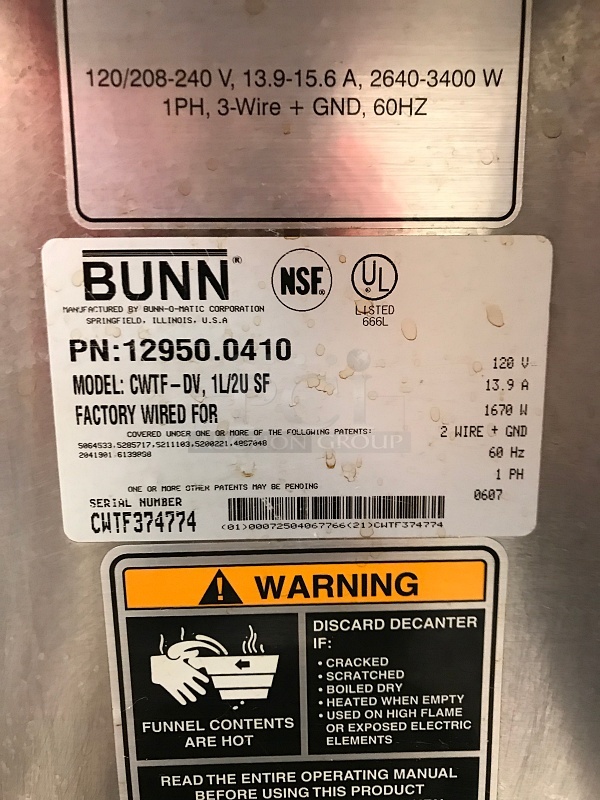 Bunn CWTF-DV Automatic Thermal Carafe Coffee Brewer w/ Two Warmer Hot Plates, 120v 1ph, Tested & Working! - Image 2 of 3