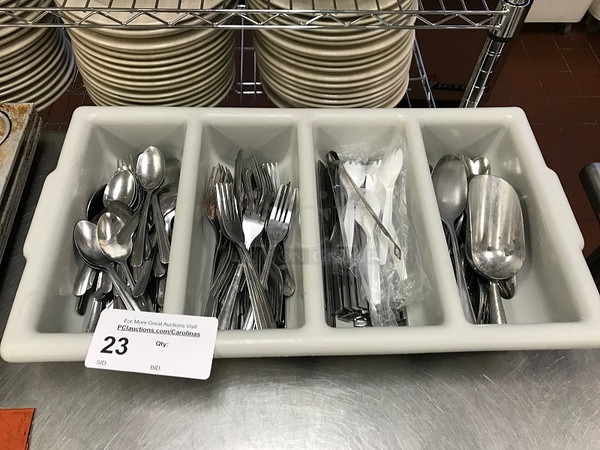 Silverware Tub w/ Assorted Spoons, Forks, Knives etc