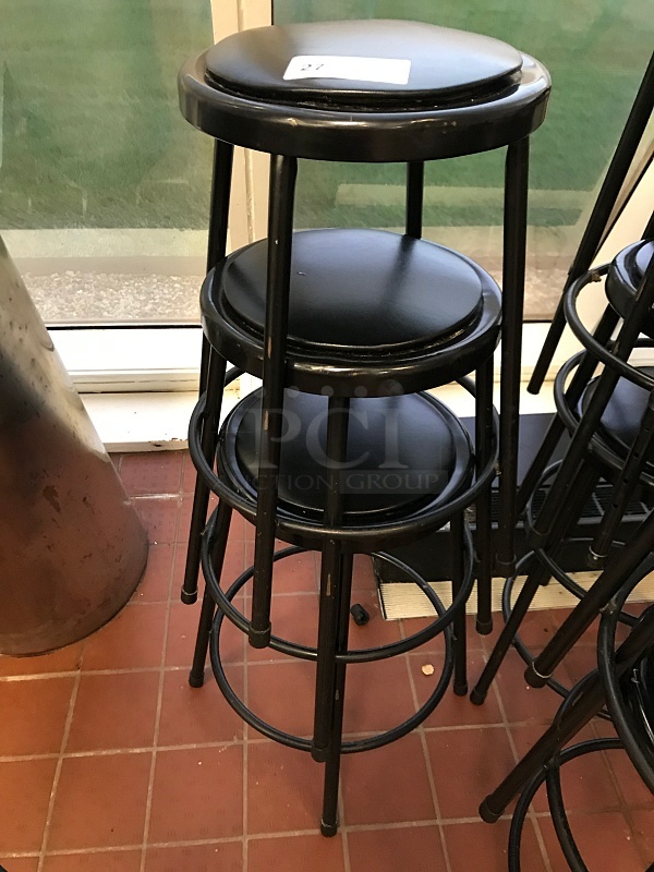 Three Black Metal Stools w/ Vinyl Padded Seats