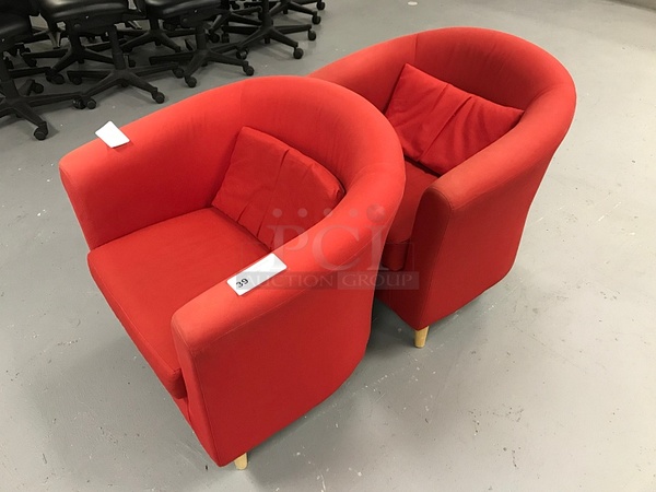 Two Red Cloth Guest Chairs