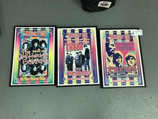 Three Whisky a Go Go Band Framed Posters, Creme 1967, Them w/ The Doors 1966, Jimi Hendrix Experience 1967