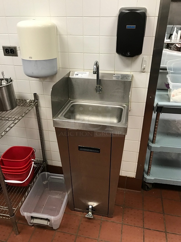 Advance Tabco Stainless Steel Pedestal Hand Sink w/ Foot Controls w/ Tork Pull Hand Towel Dispenser & Ecolab Automatic Hand Soap Dispenser