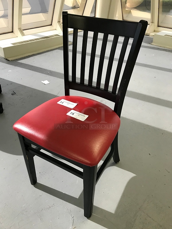 LIKE NEW! Black Wooden Dining Chairs w/ Red Padded Leatherette Seat (4x bid)