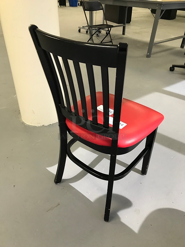 LIKE NEW! Black Wooden Dining Chairs w/ Red Padded Leatherette Seat (4x bid) - Image 2 of 2