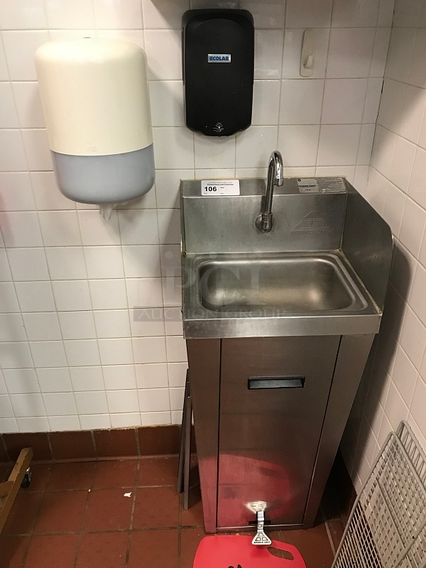 Advance Tabco Stainless Steel Pedestal Hand Sink w/ Foot Controls w/ Tork Pull Hand Towel Dispenser & Ecolab Automatic Hand Soap Dispenser