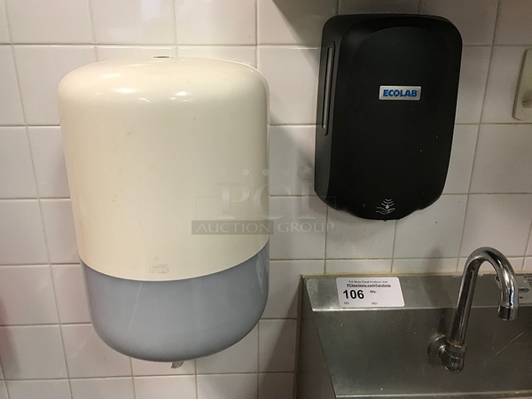 Advance Tabco Stainless Steel Pedestal Hand Sink w/ Foot Controls w/ Tork Pull Hand Towel Dispenser & Ecolab Automatic Hand Soap Dispenser - Image 4 of 4