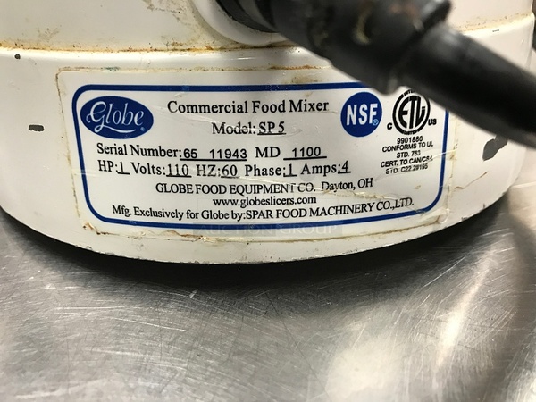 Globe SP5 Aluminum Gear Driven 5 Qt Commercial Countertop Mixer, Includes Attachments, 115v 1ph, Tested & Working! (See Video) - Image 3 of 3