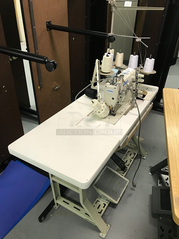 Juki MF-7523 3 Needle Coverstitch Industrial Machine w/ Table & Motor, 115v 1ph, Tested & Working!