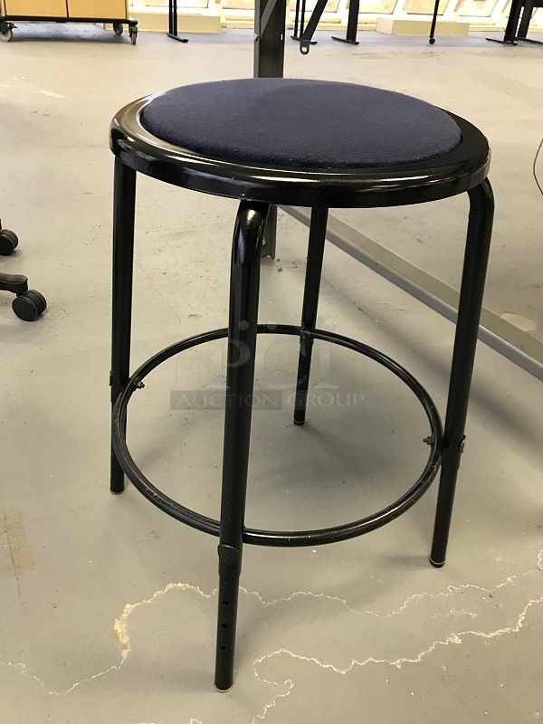 Five Black Metal Stools w/ Blue Padded Fabric Seat