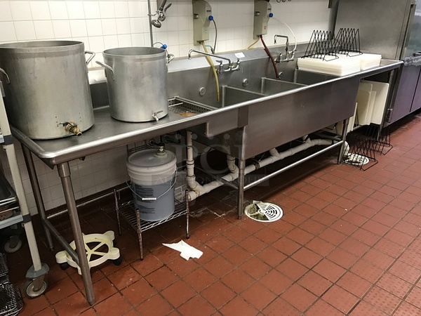 12' Stainless Steel 3 Compartment Sink w/ Drain Valves, Pre Rinse Spray Arm & Under Counter Storage