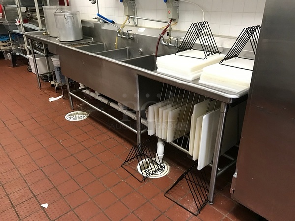 12' Stainless Steel 3 Compartment Sink w/ Drain Valves, Pre Rinse Spray Arm & Under Counter Storage - Image 4 of 4