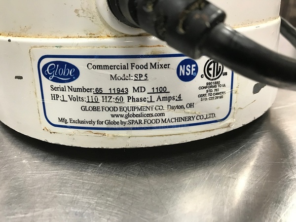Globe SP5 Aluminum Gear Driven 5 Qt Commercial Countertop Mixer, Includes Attachments, 115v 1ph, Tested & Working! (See Video) - Image 3 of 3