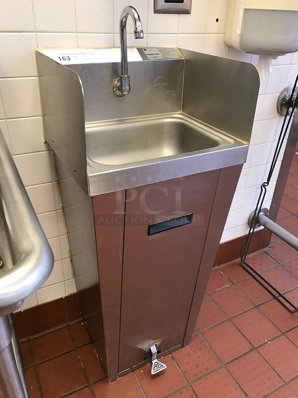 Advance Tabco Stainless Steel Pedestal Hand Sink w/ Foot Controls w/ Tork Pull Hand Towel Dispenser & Ecolab Automatic Hand Soap Dispenser  - Image 2 of 4