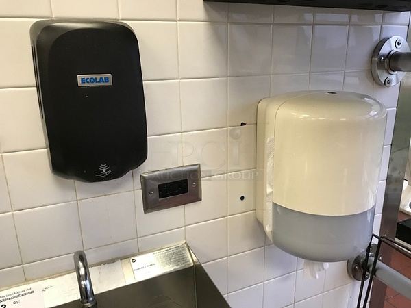 Advance Tabco Stainless Steel Pedestal Hand Sink w/ Foot Controls w/ Tork Pull Hand Towel Dispenser & Ecolab Automatic Hand Soap Dispenser  - Image 4 of 4